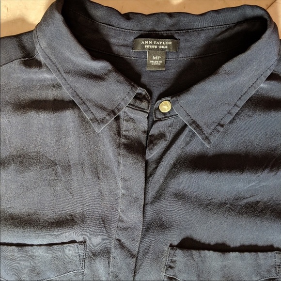 Elaine: Ann Taylor Navy Blue Button Up Silk Blouse - Picture 2 of 7